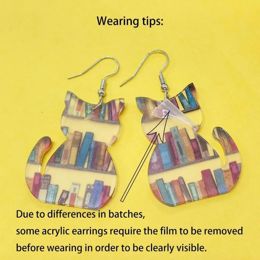Colorful Acrylic Cat Bookcase Earrings Book Lover Cat Lover